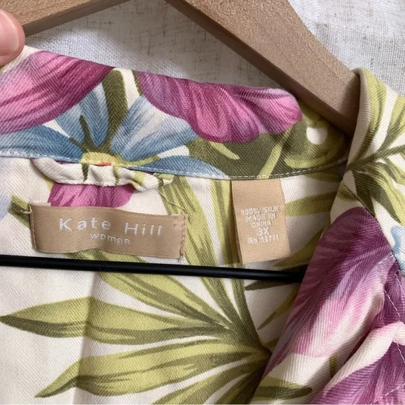 Kate Hill 100% Silk Gorgeous Floral Pattern Tropical Print Top 3X - Picture 4 of 5